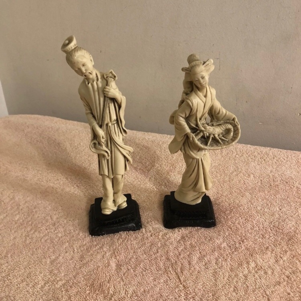 Resin Faux Ivory Oriental Figures Man With Instrument & Woman With Baby